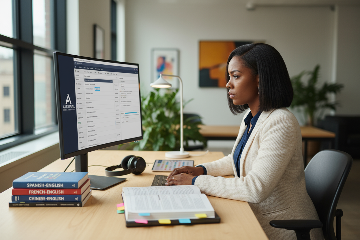 a black lady busy doing a language translation for Aventual Global Translations