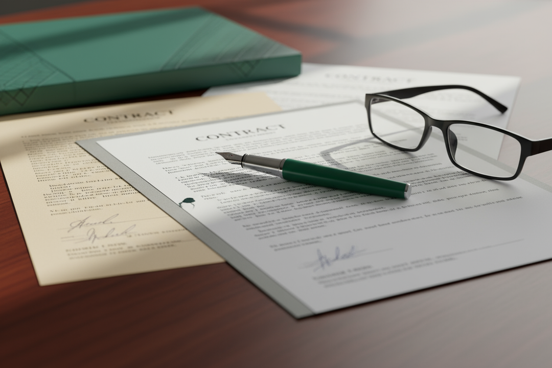 A close-up of printed contracts or legal documents with a pen or glasses on a desk.

Neutral tones with a hint of emerald accent (a folder, pen, or line highlight).

Conveys precision and professionalism.