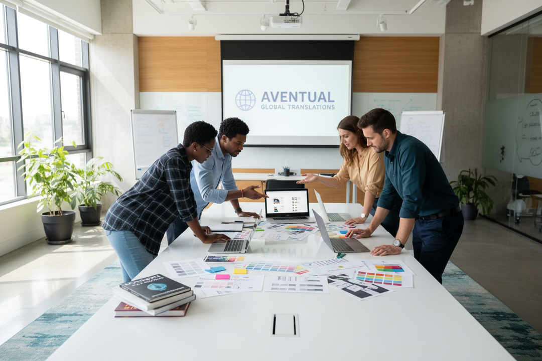 A group of black and white professionals at a bright table brainstorming over laptop screens and color swatches with Aventual Global Translations written on projector in background.

Invokes creativity and localization expertise.