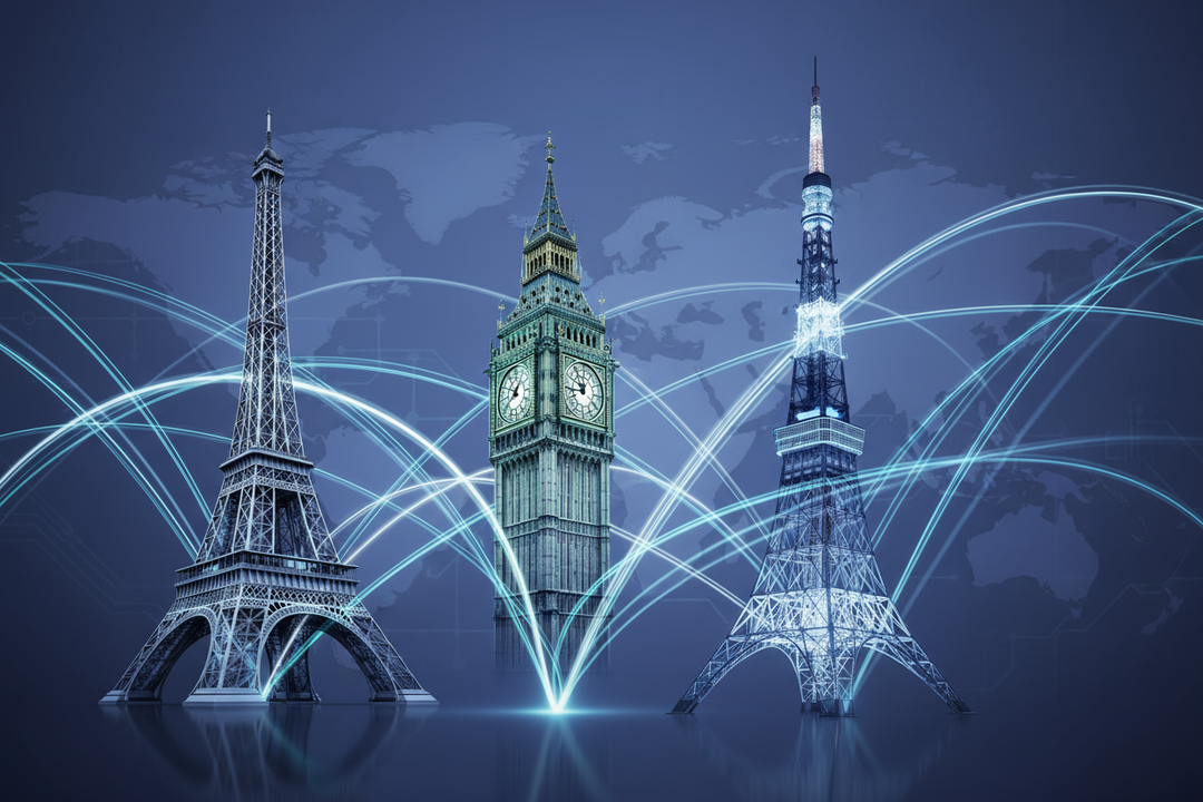 🌍 Image idea: A clean composite of world landmarks (Eiffel Tower, Big Ben, Tokyo Tower) connected by glowing communication lines or digital arcs.