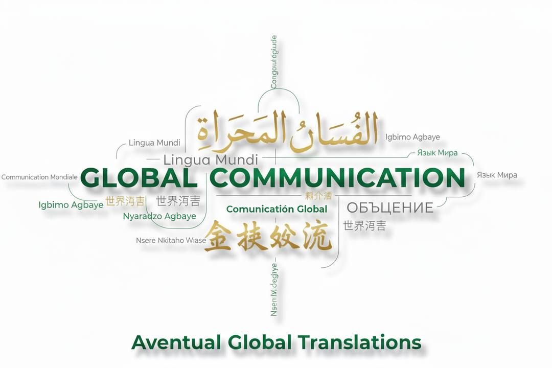 like this and add french spanish latin yoruba ewe twi with Aventual Global Translations in green at the bottom